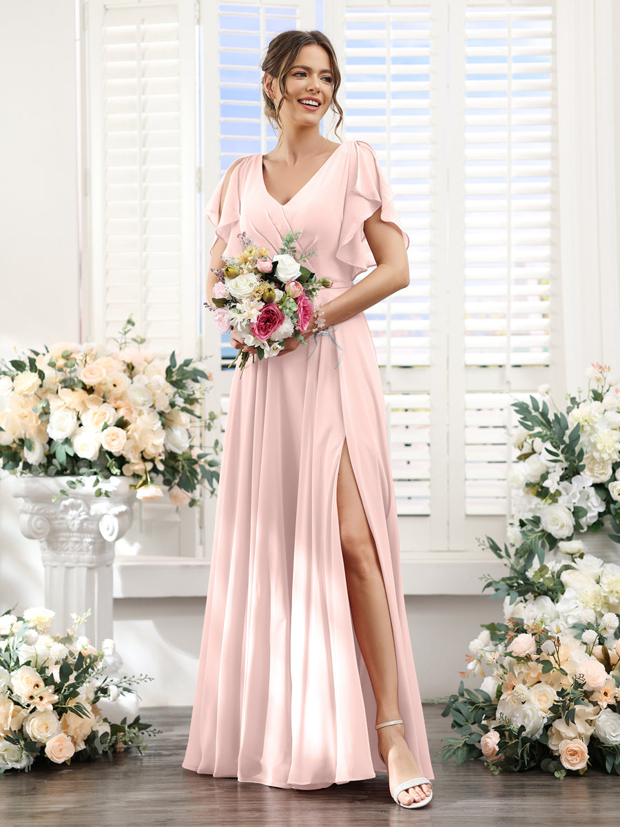 A-Line V-Neck Short Sleeves Split Side Floor-Length Chiffon Bridesmaid Dresses Light Pink