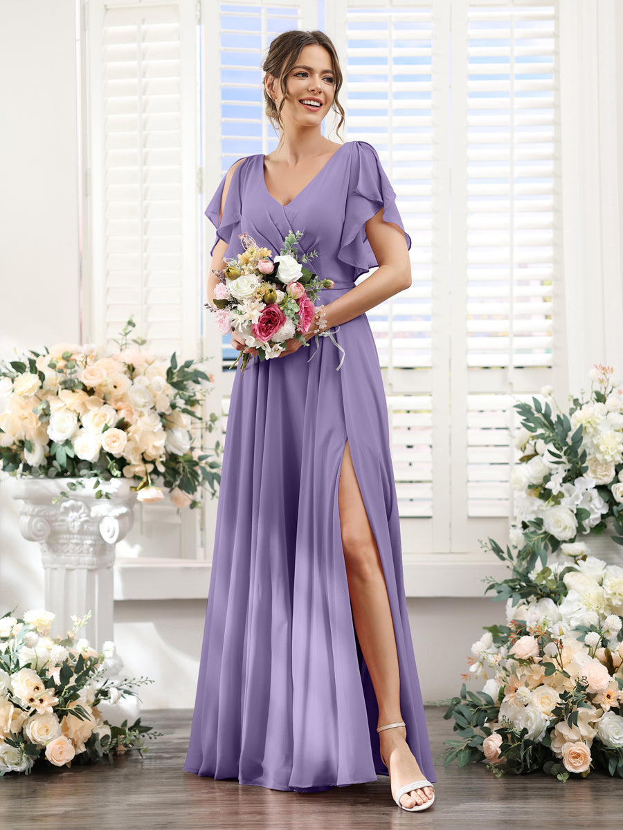 A-Line V-Neck Short Sleeves Split Side Floor-Length Chiffon Bridesmaid Dresses Light Purple