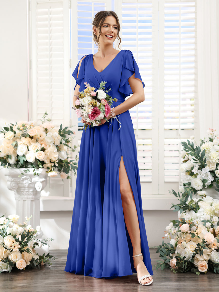 A-Line V-Neck Short Sleeves Split Side Floor-Length Chiffon Bridesmaid Dresses Light Royal Blue