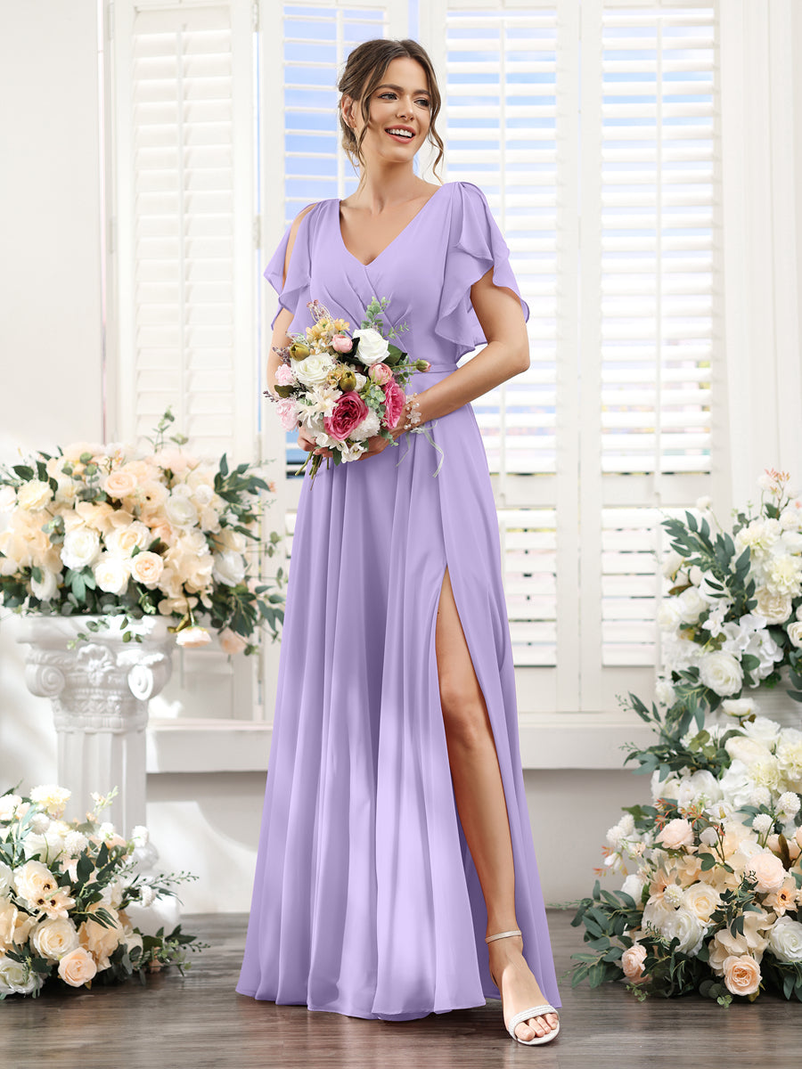 A-Line V-Neck Short Sleeves Split Side Floor-Length Chiffon Bridesmaid Dresses Lilac