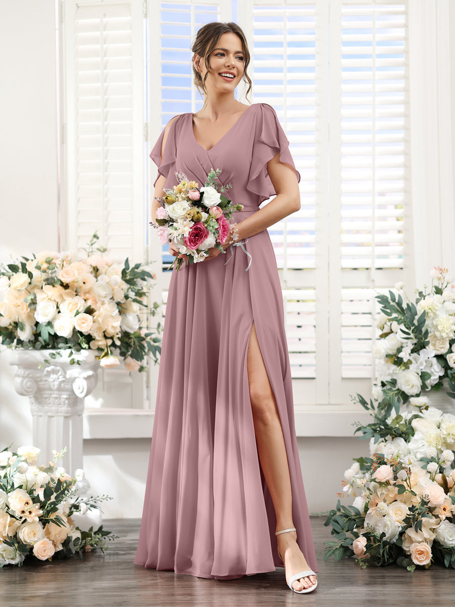 A-Line V-Neck Short Sleeves Split Side Floor-Length Chiffon Bridesmaid Dresses Mauve