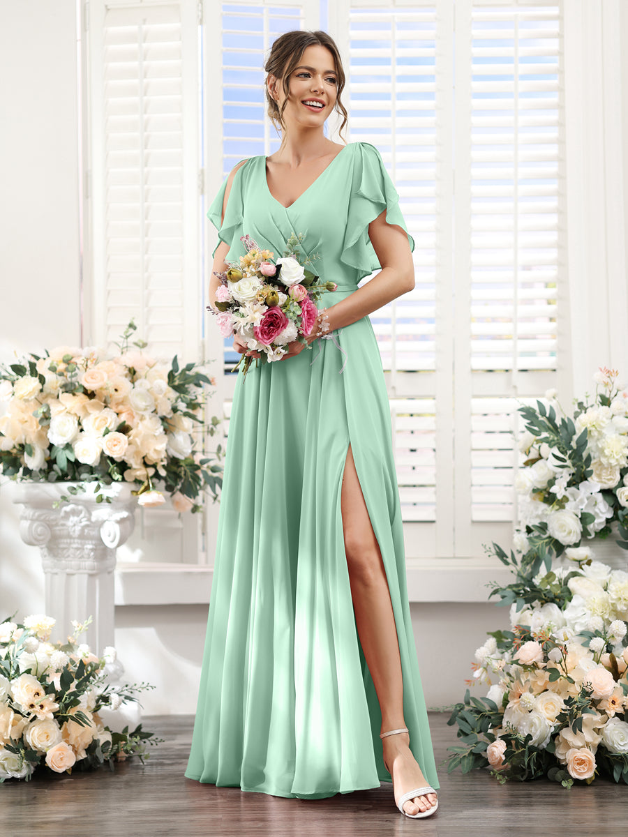 A-Line V-Neck Short Sleeves Split Side Floor-Length Chiffon Bridesmaid Dresses Mint Green