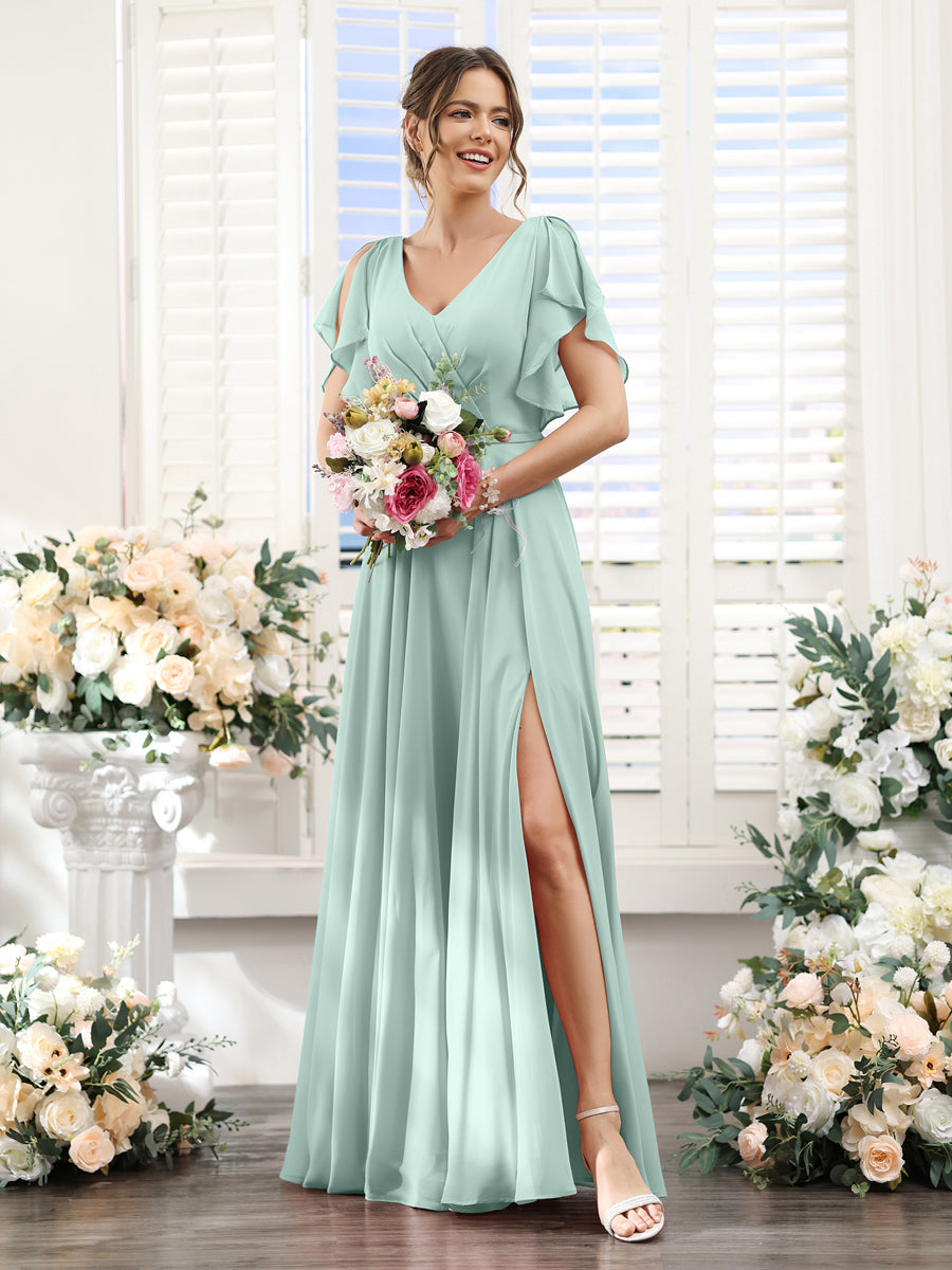 A-Line V-Neck Short Sleeves Split Side Floor-Length Chiffon Bridesmaid Dresses Mist Blue