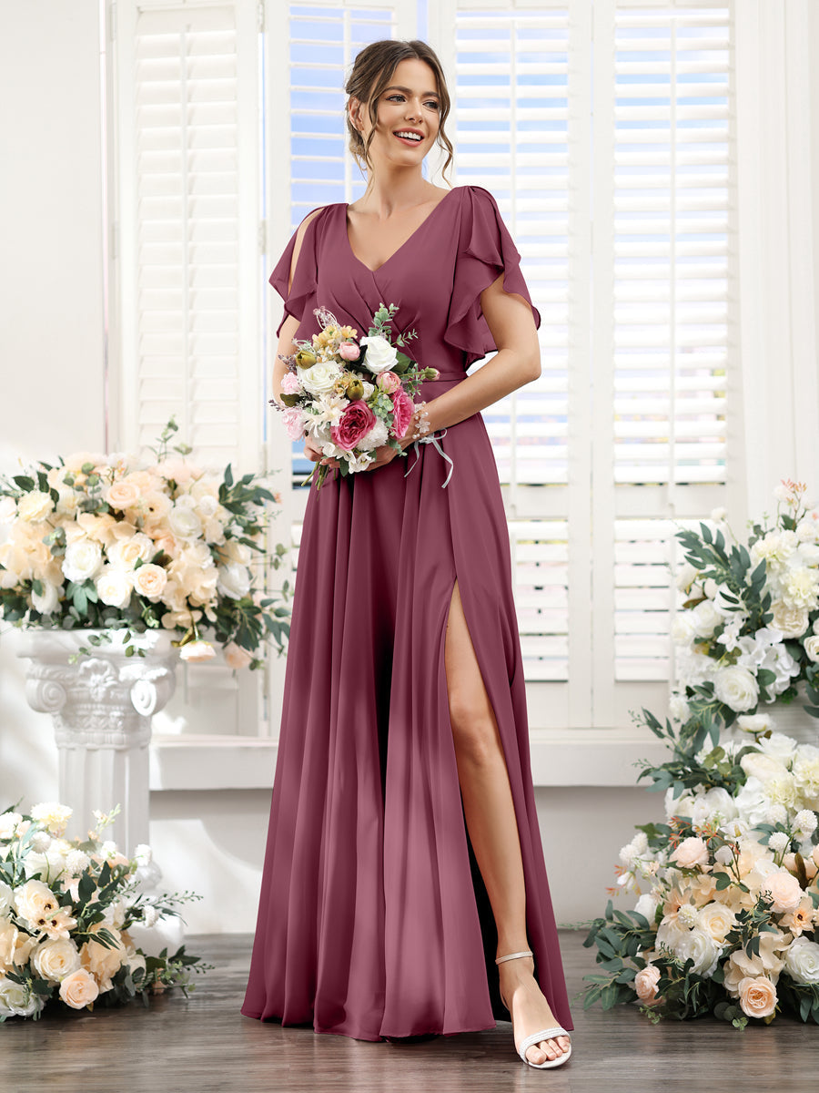 A-Line V-Neck Short Sleeves Split Side Floor-Length Chiffon Bridesmaid Dresses Mulberry