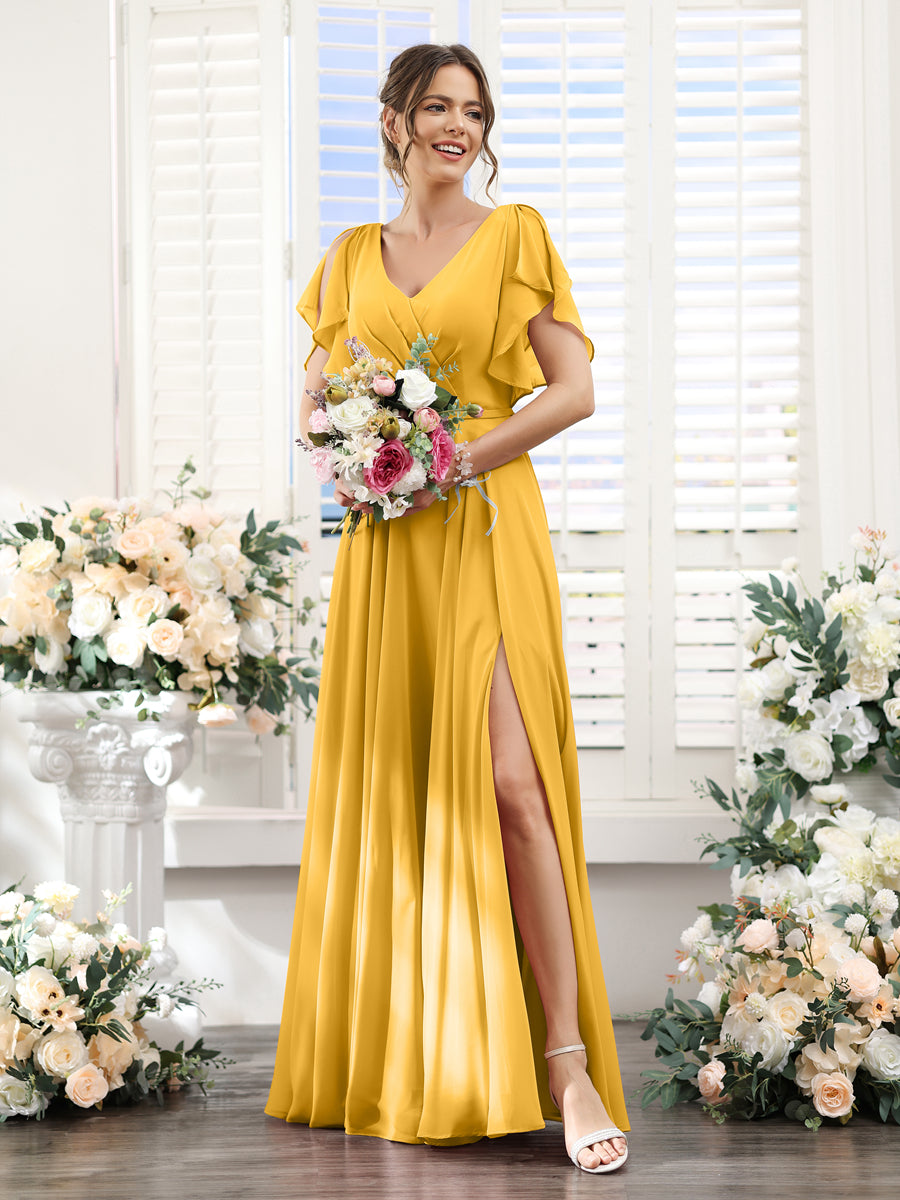 A-Line V-Neck Short Sleeves Split Side Floor-Length Chiffon Bridesmaid Dresses Mustard Yellow