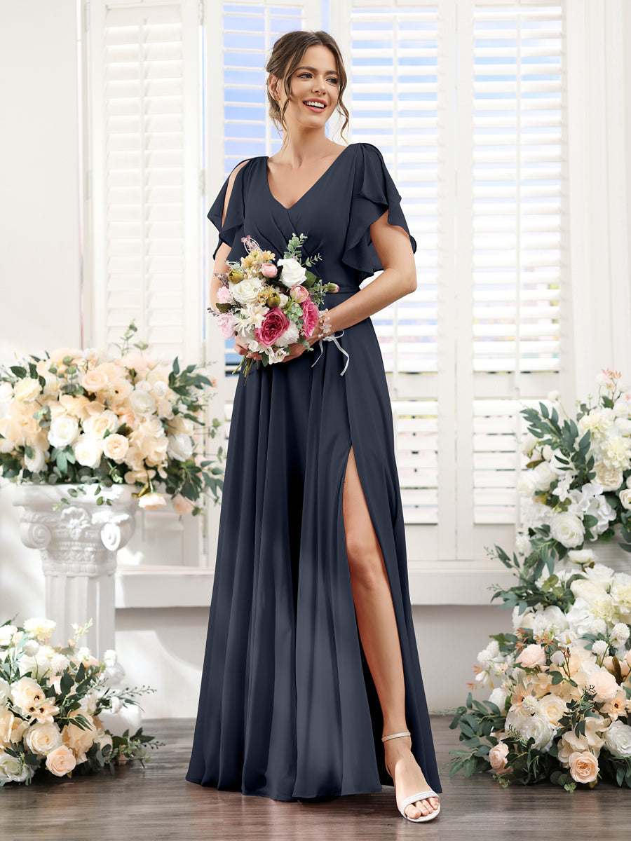 A-Line V-Neck Short Sleeves Split Side Floor-Length Chiffon Bridesmaid Dresses Navy Blue