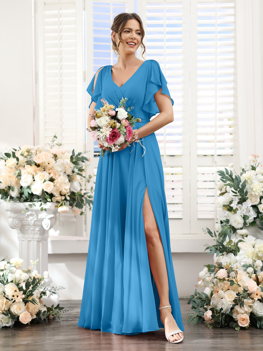 A-Line V-Neck Short Sleeves Split Side Floor-Length Chiffon Bridesmaid Dresses Ocean Blue