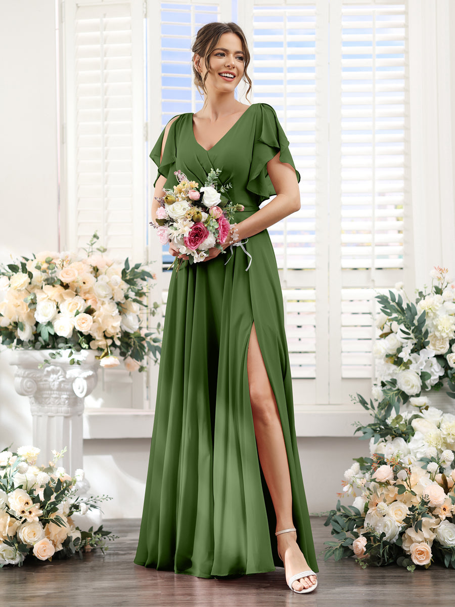 A-Line V-Neck Short Sleeves Split Side Floor-Length Chiffon Bridesmaid Dresses Olive Green