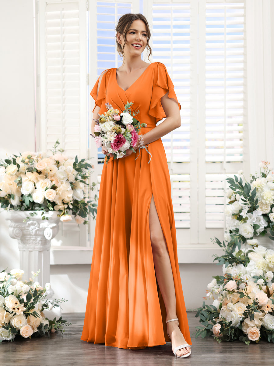 A-Line V-Neck Short Sleeves Split Side Floor-Length Chiffon Bridesmaid Dresses Orange