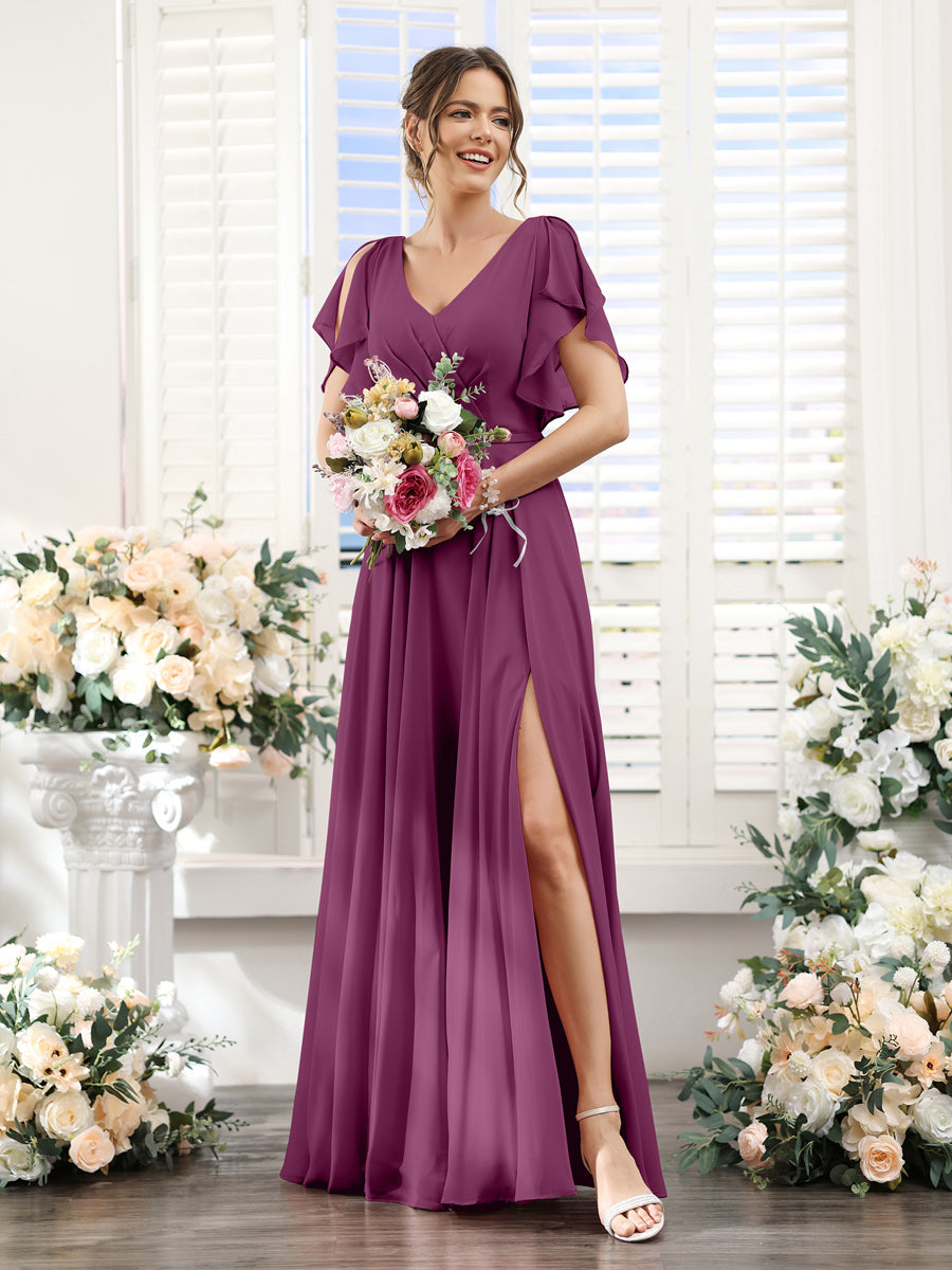 A-Line V-Neck Short Sleeves Split Side Floor-Length Chiffon Bridesmaid Dresses Orchid