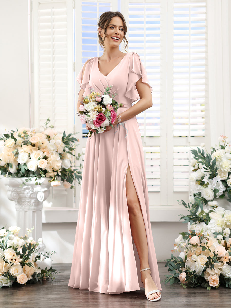 A-Line V-Neck Short Sleeves Split Side Floor-Length Chiffon Bridesmaid Dresses Pearl Pink