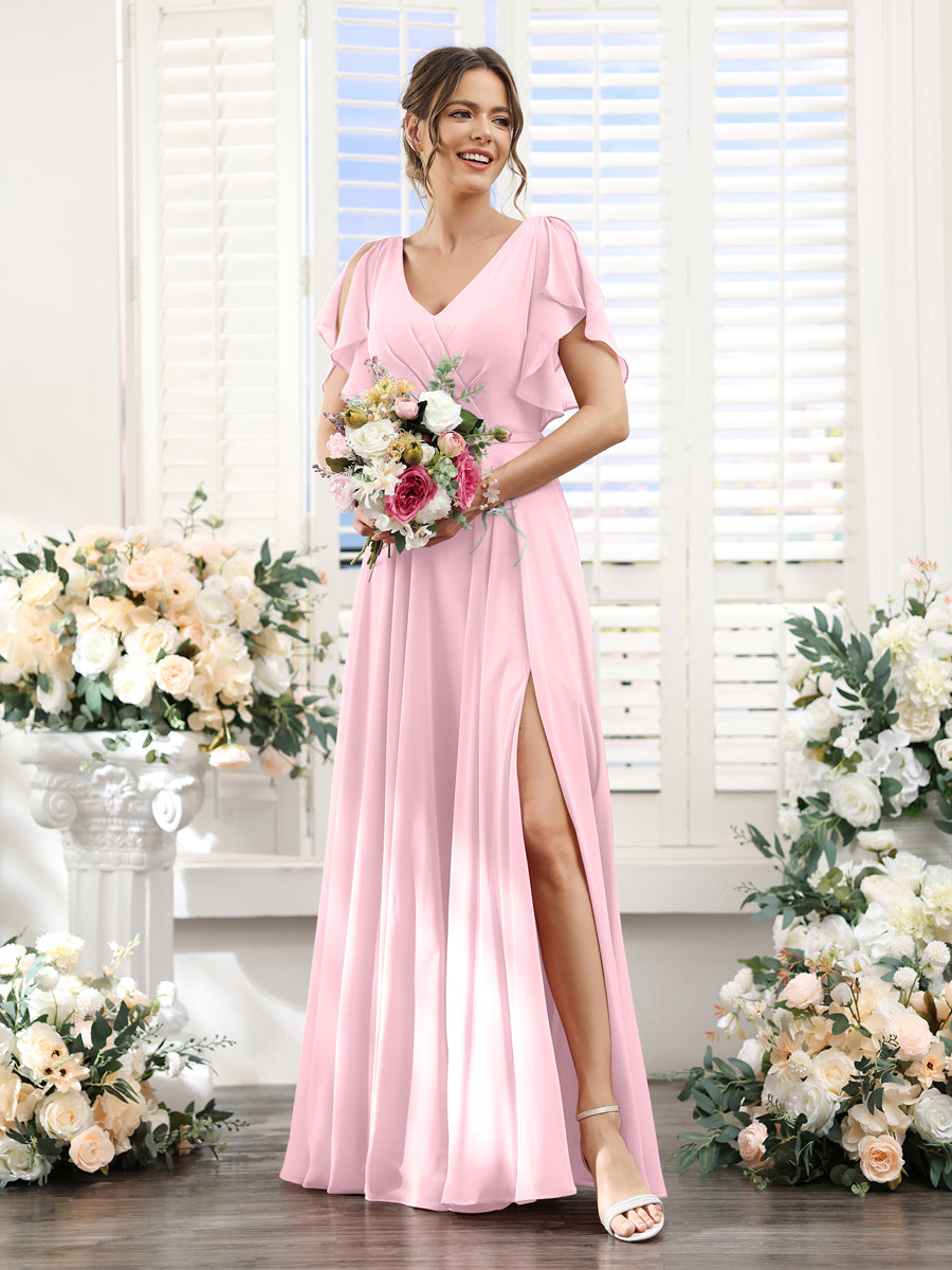 A-Line V-Neck Short Sleeves Split Side Floor-Length Chiffon Bridesmaid Dresses Pink