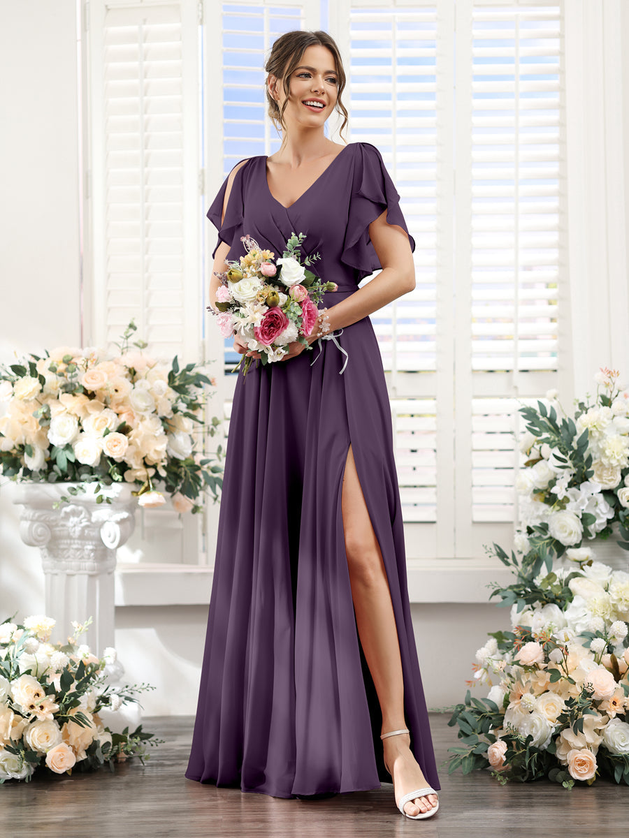 A-Line V-Neck Short Sleeves Split Side Floor-Length Chiffon Bridesmaid Dresses Plum