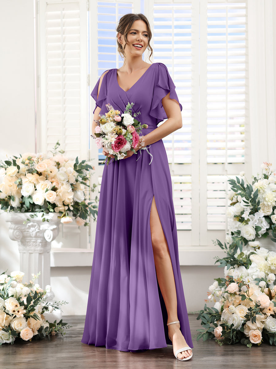 A-Line V-Neck Short Sleeves Split Side Floor-Length Chiffon Bridesmaid Dresses Purple