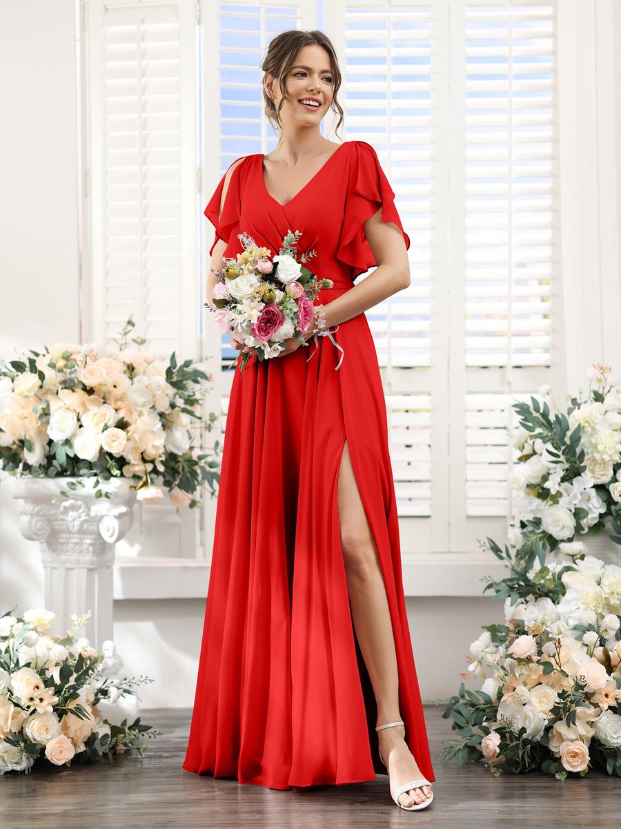 A-Line V-Neck Short Sleeves Split Side Floor-Length Chiffon Bridesmaid Dresses Red