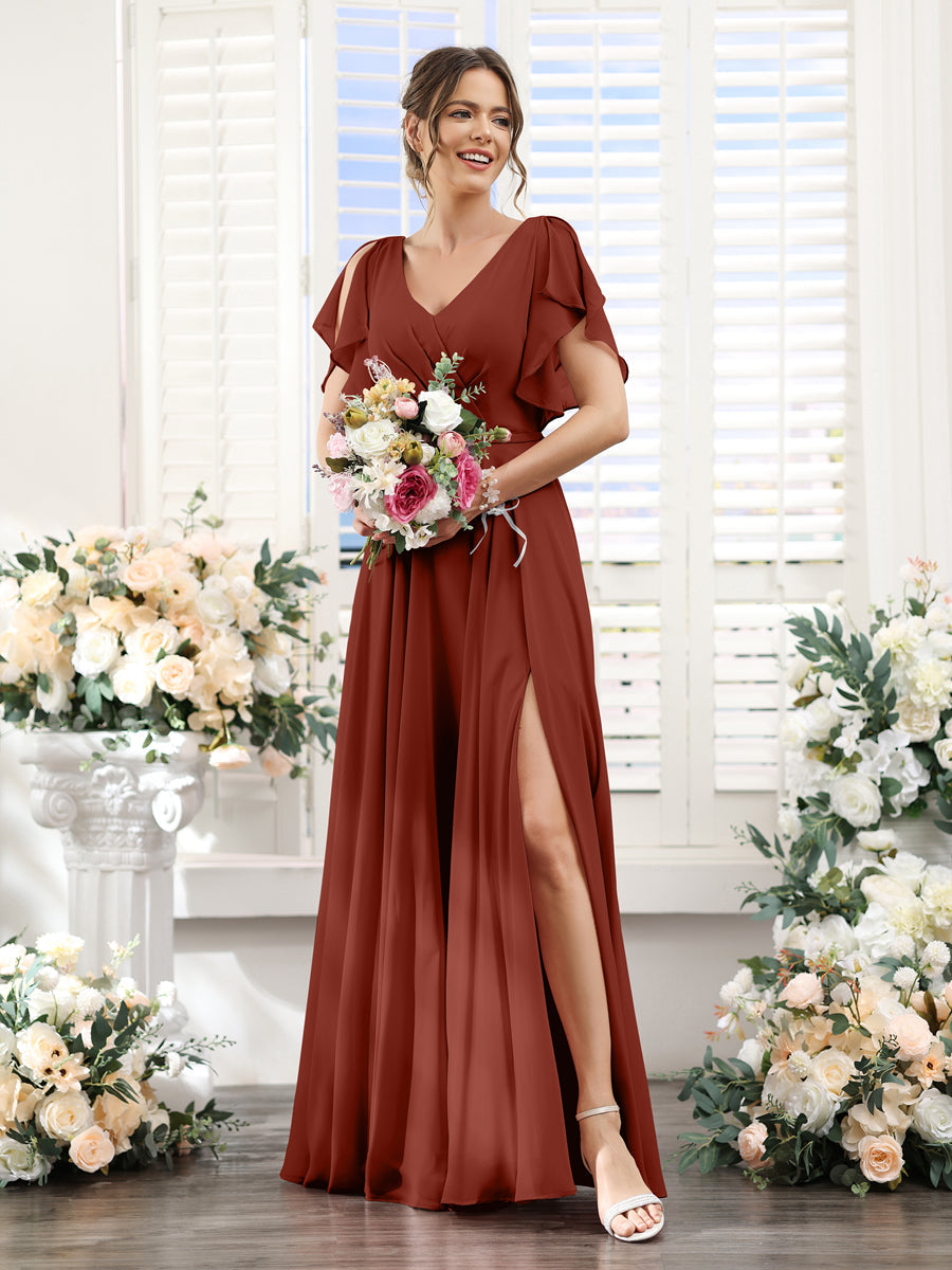 A-Line V-Neck Short Sleeves Split Side Floor-Length Chiffon Bridesmaid Dresses Rust