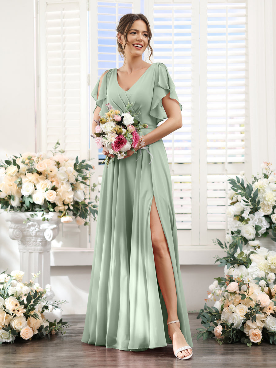 A-Line V-Neck Short Sleeves Split Side Floor-Length Chiffon Bridesmaid Dresses Sage