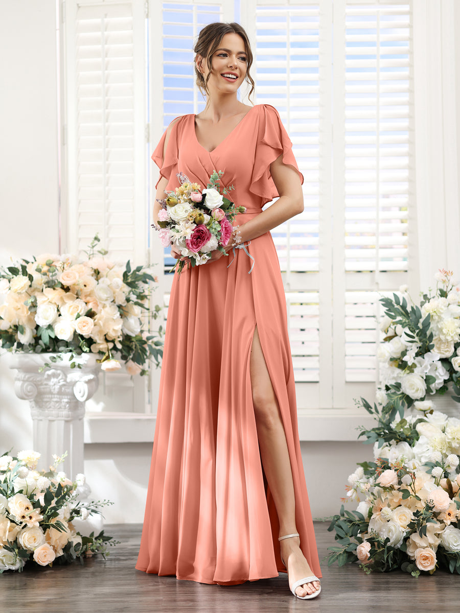 A-Line V-Neck Short Sleeves Split Side Floor-Length Chiffon Bridesmaid Dresses Salmon