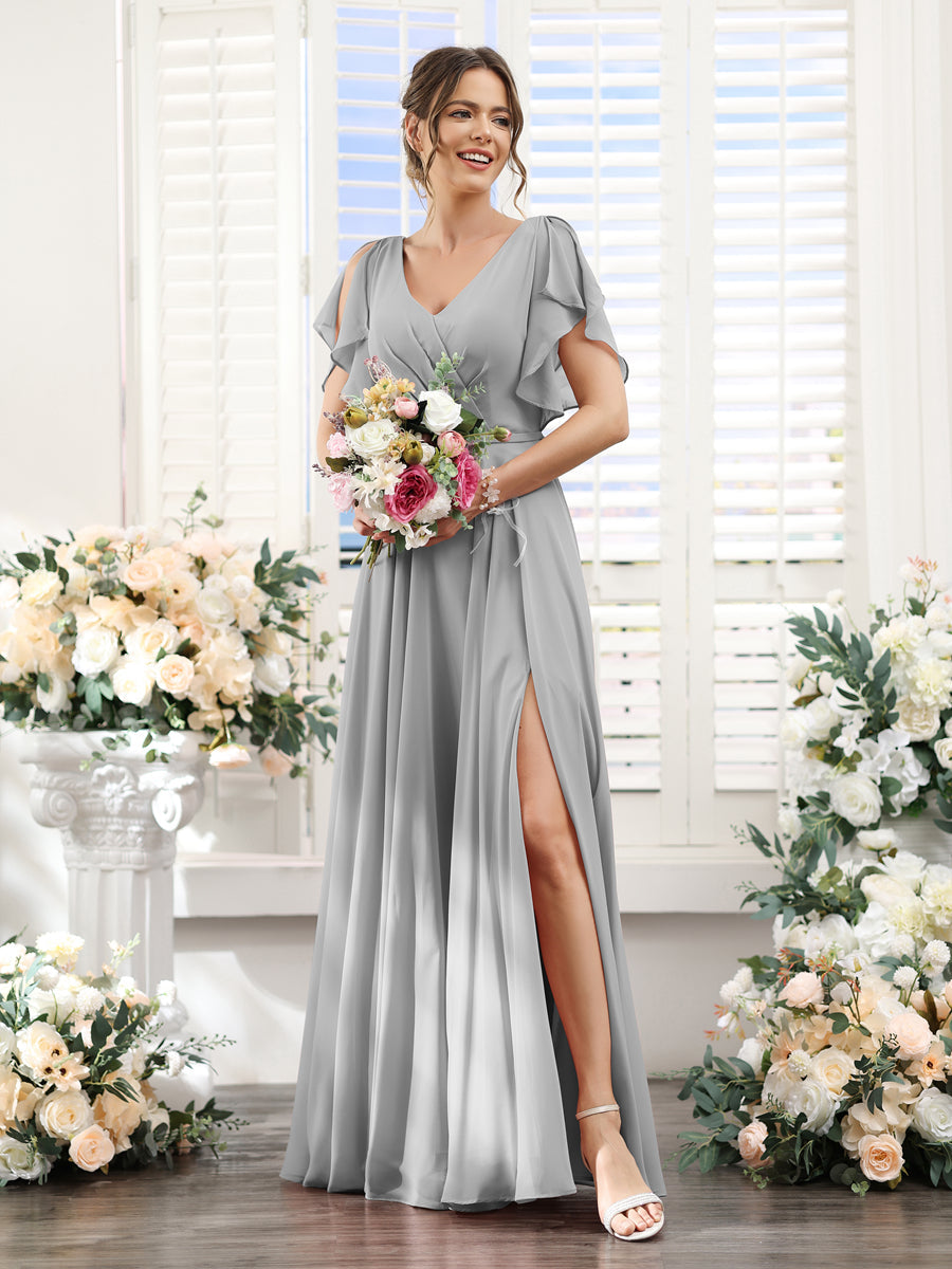 A-Line V-Neck Short Sleeves Split Side Floor-Length Chiffon Bridesmaid Dresses Silver