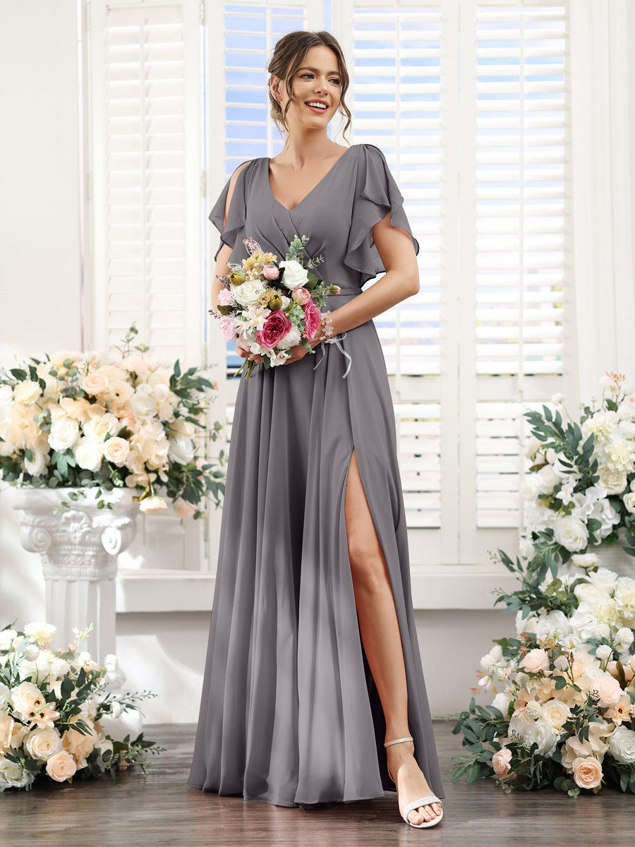 A-Line V-Neck Short Sleeves Split Side Floor-Length Chiffon Bridesmaid Dresses Silver Gray