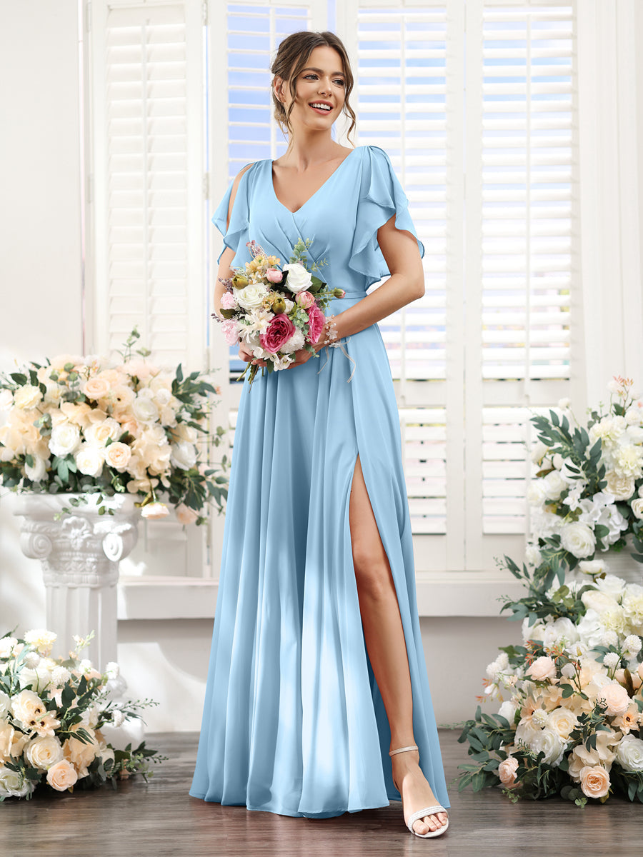 A-Line V-Neck Short Sleeves Split Side Floor-Length Chiffon Bridesmaid Dresses Sky Blue