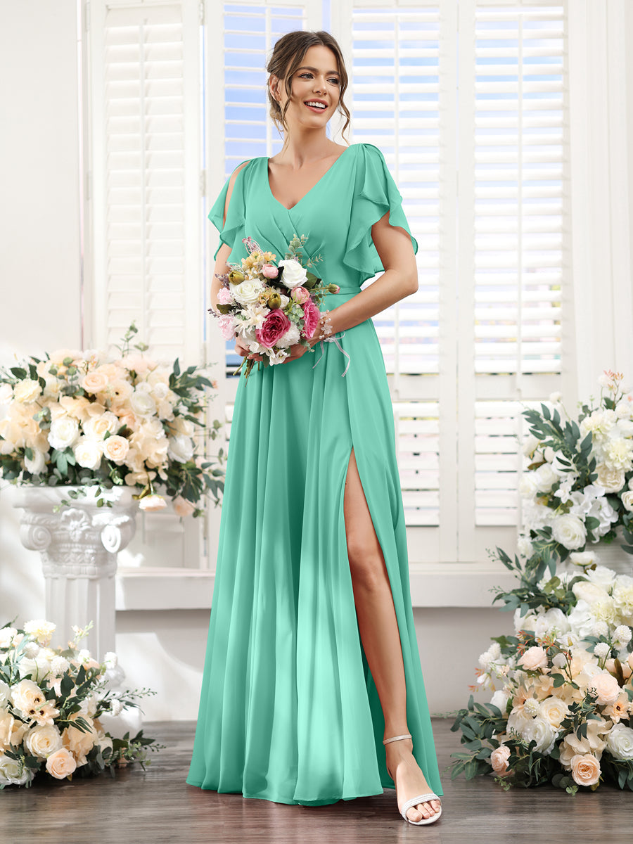 A-Line V-Neck Short Sleeves Split Side Floor-Length Chiffon Bridesmaid Dresses Spa