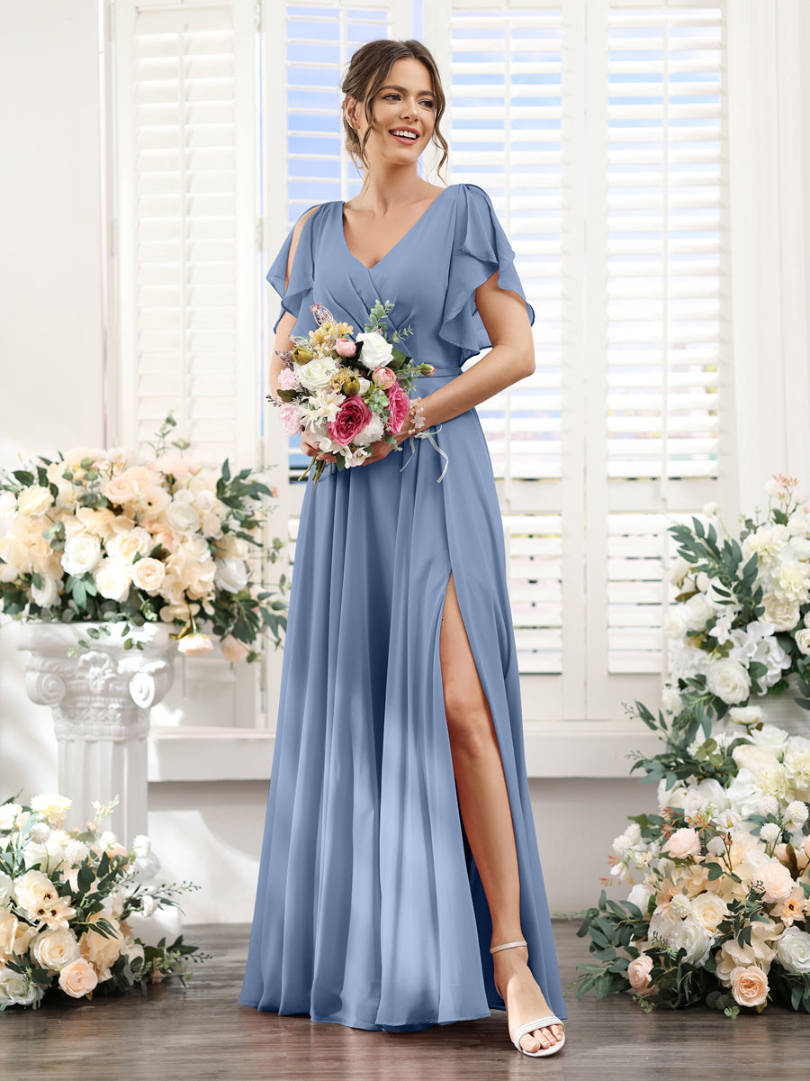 A-Line V-Neck Short Sleeves Split Side Floor-Length Chiffon Bridesmaid Dresses Steel Blue