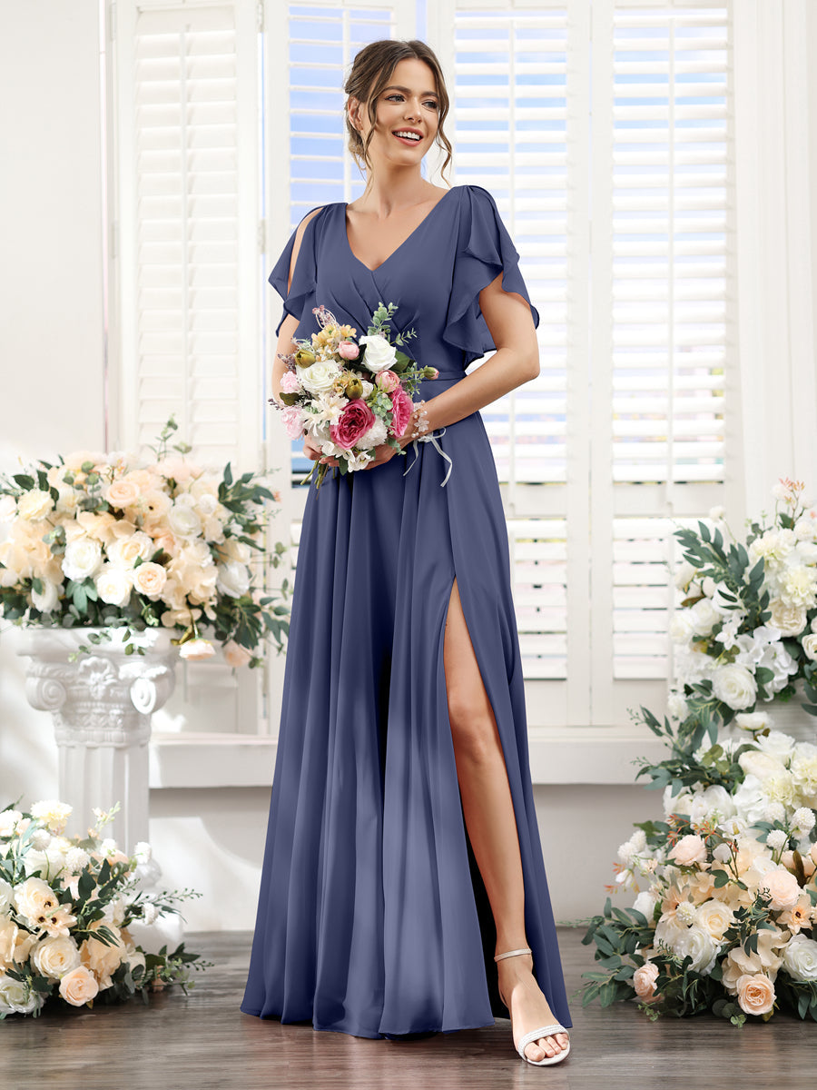 A-Line V-Neck Short Sleeves Split Side Floor-Length Chiffon Bridesmaid Dresses Stormy Blue