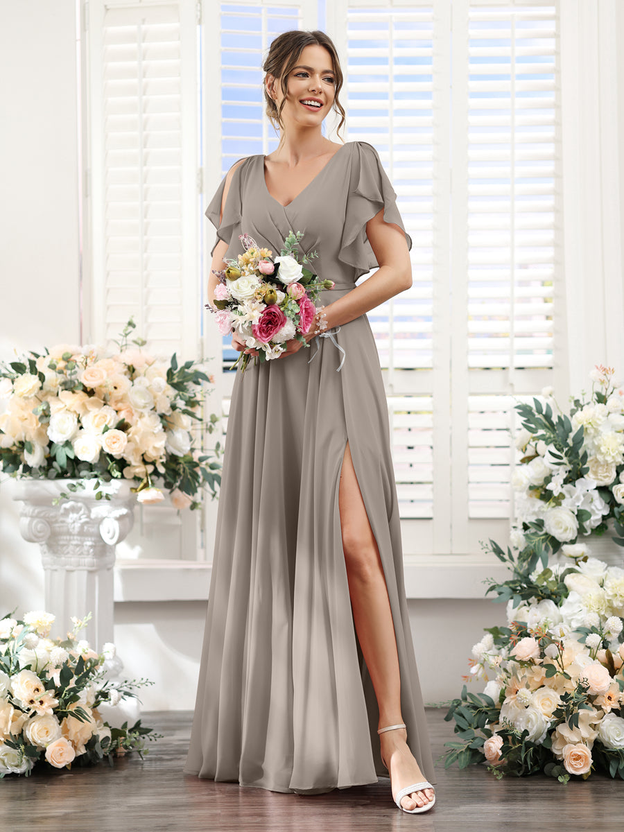 A-Line V-Neck Short Sleeves Split Side Floor-Length Chiffon Bridesmaid Dresses Taupe