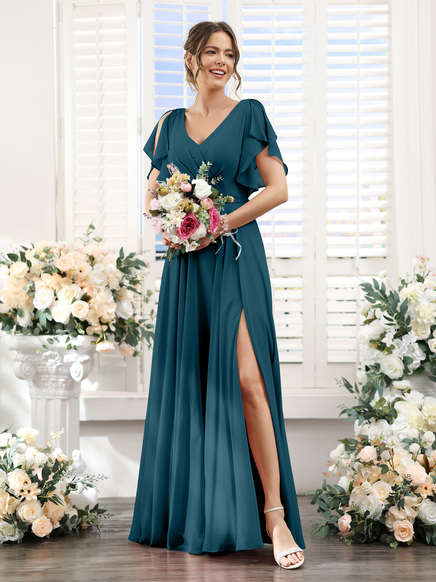A-Line V-Neck Short Sleeves Split Side Floor-Length Chiffon Bridesmaid Dresses Teal