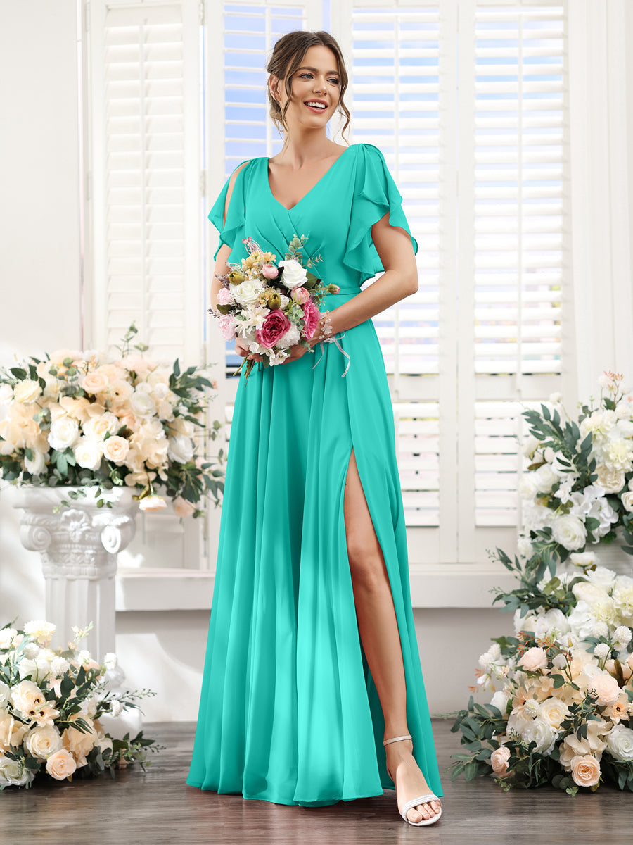 A-Line V-Neck Short Sleeves Split Side Floor-Length Chiffon Bridesmaid Dresses Turquoise