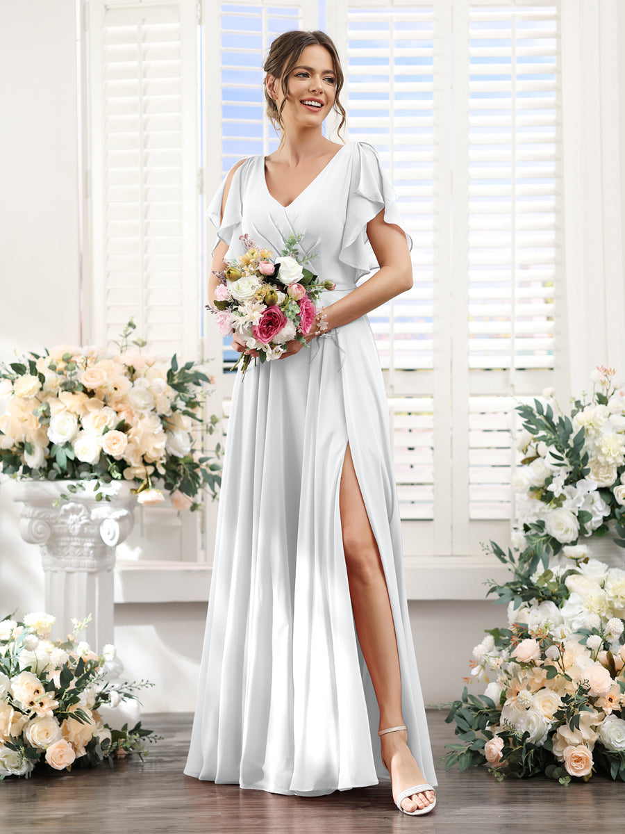 A-Line V-Neck Short Sleeves Split Side Floor-Length Chiffon Bridesmaid Dresses White