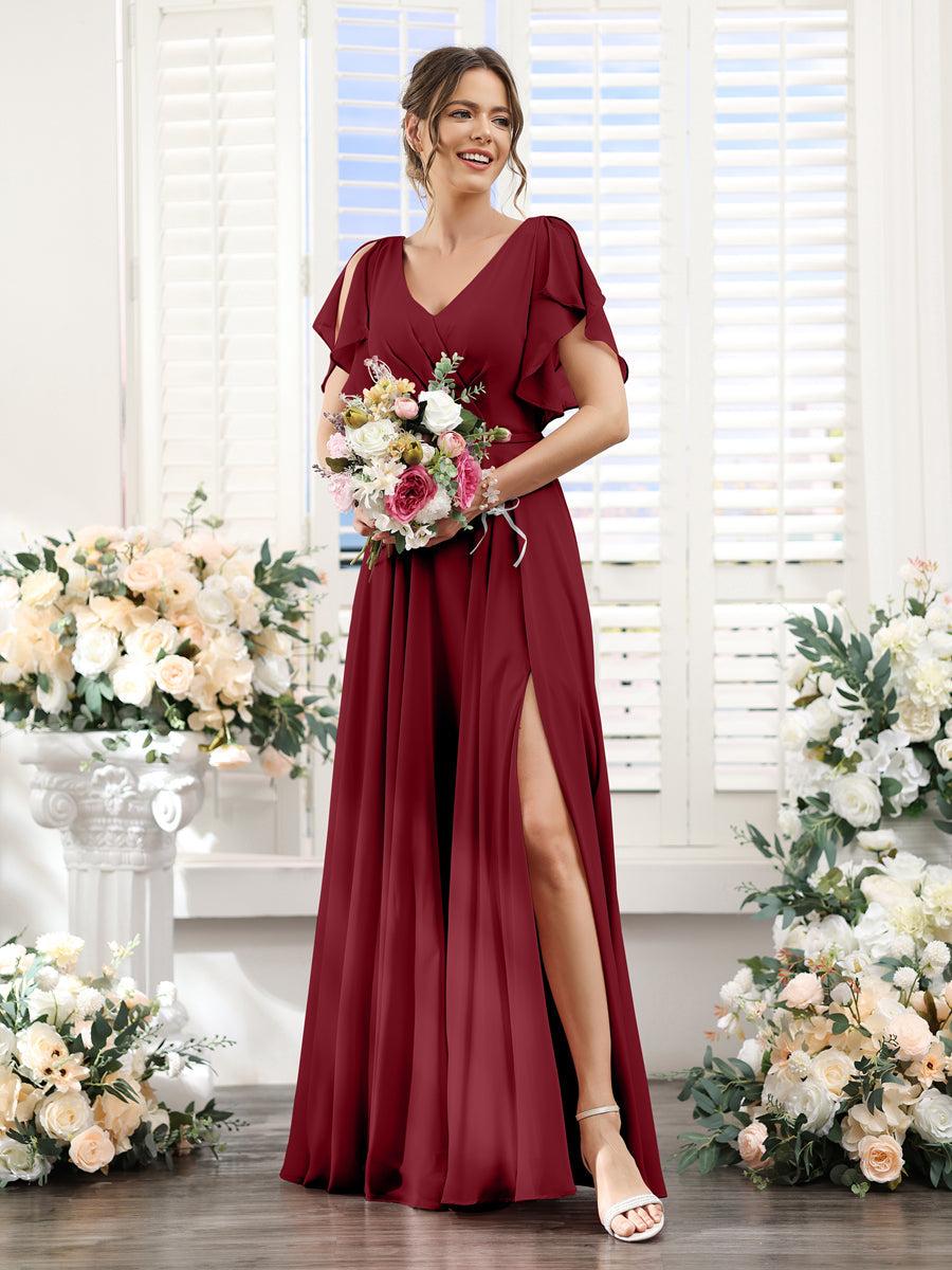 A-Line V-Neck Short Sleeves Split Side Floor-Length Chiffon Bridesmaid Dresses Wine Red