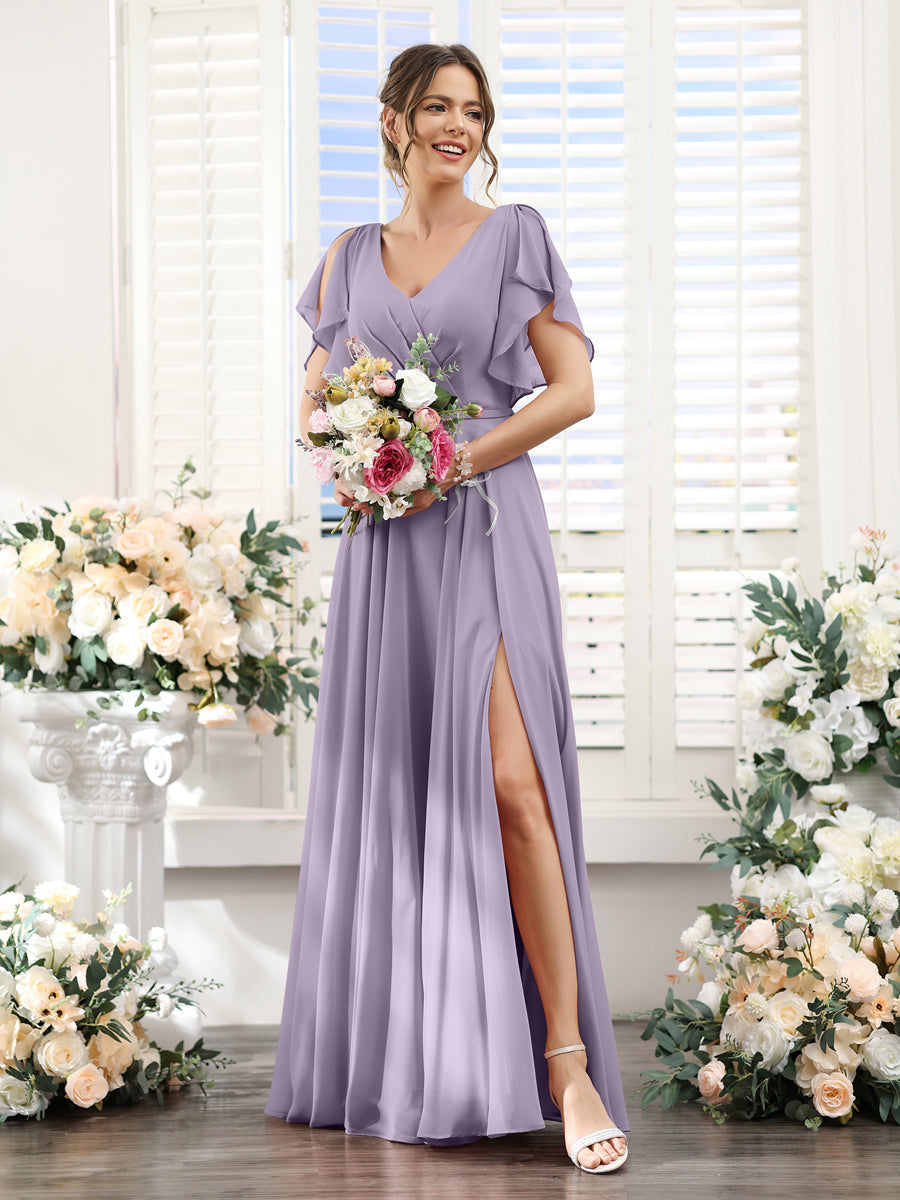 A-Line V-Neck Short Sleeves Split Side Floor-Length Chiffon Bridesmaid Dresses Wisteria