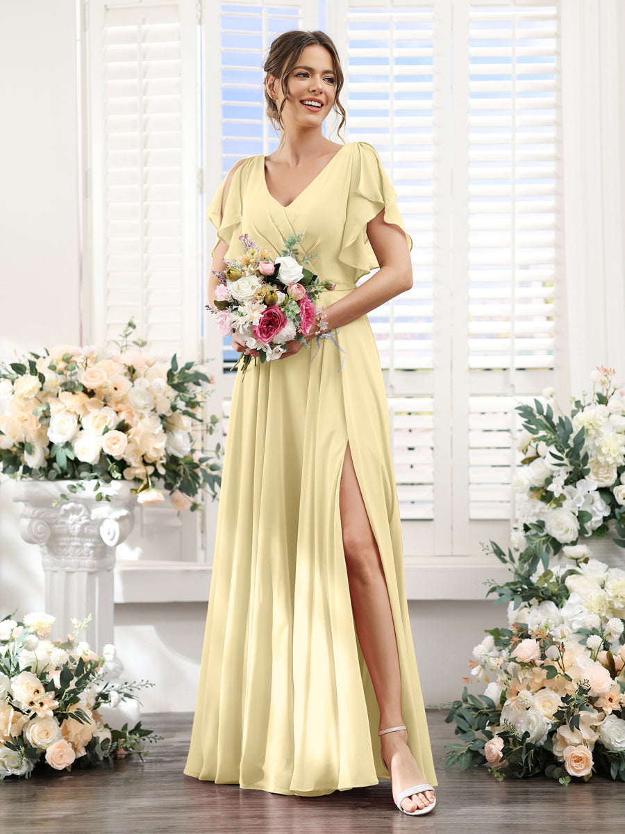 A-Line V-Neck Short Sleeves Split Side Floor-Length Chiffon Bridesmaid Dresses Yellow