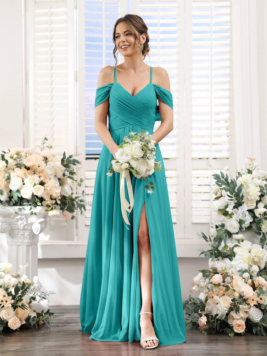 A-Line V-Neck Spaghetti Straps Split Side Floor-Length Chiffon Bridesmaid Dresses Aqua Blue