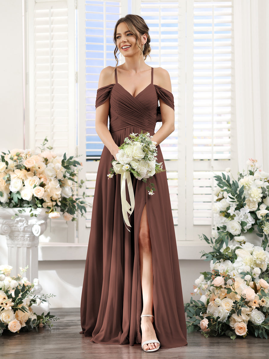 A-Line V-Neck Spaghetti Straps Split Side Floor-Length Chiffon Bridesmaid Dresses Brown