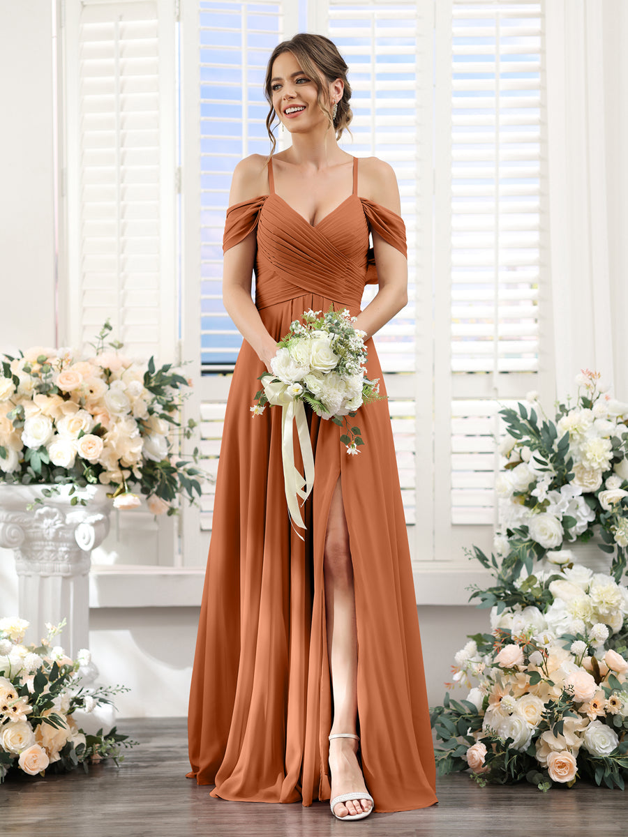 A-Line V-Neck Spaghetti Straps Split Side Floor-Length Chiffon Bridesmaid Dresses Burnt Orange