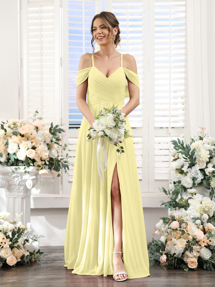 A-Line V-Neck Spaghetti Straps Split Side Floor-Length Chiffon Bridesmaid Dresses Canary