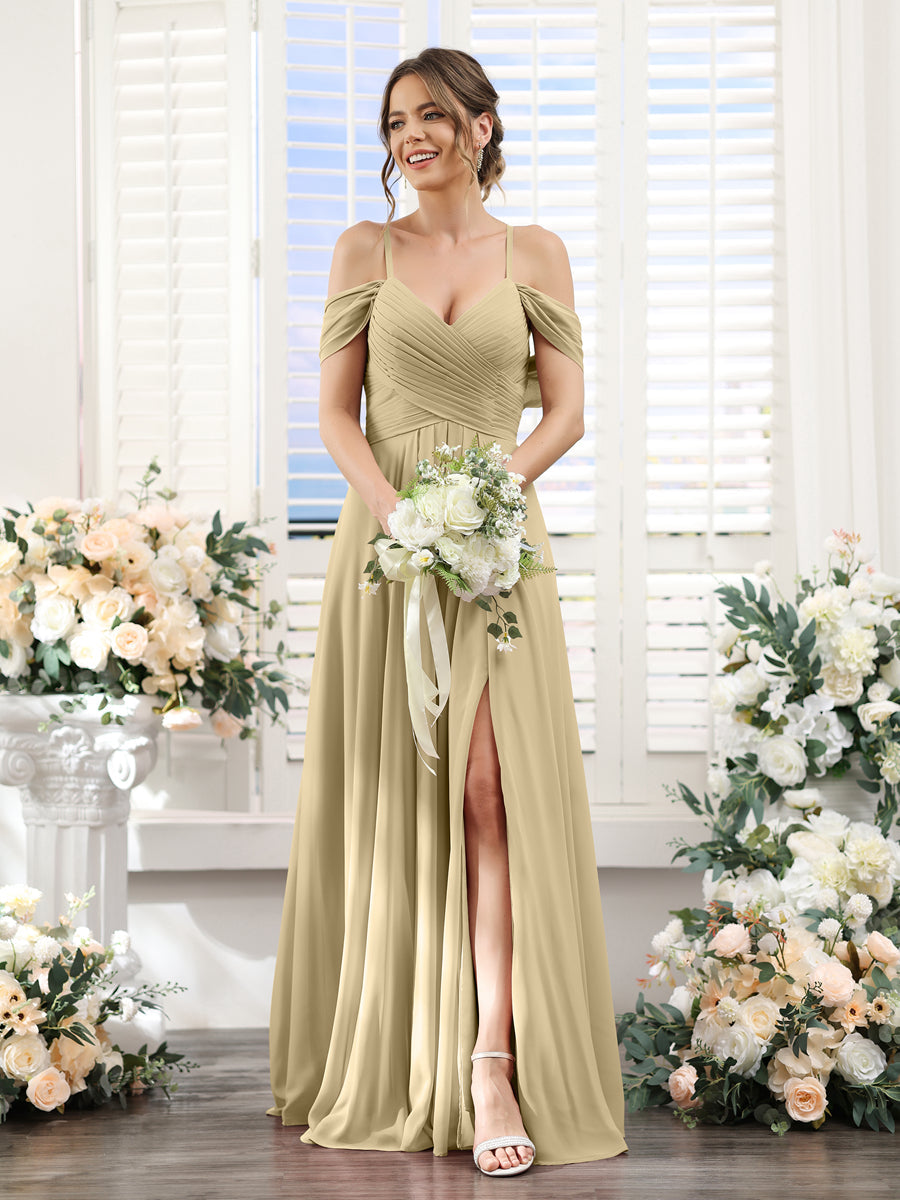 A-Line V-Neck Spaghetti Straps Split Side Floor-Length Chiffon Bridesmaid Dresses Champagne