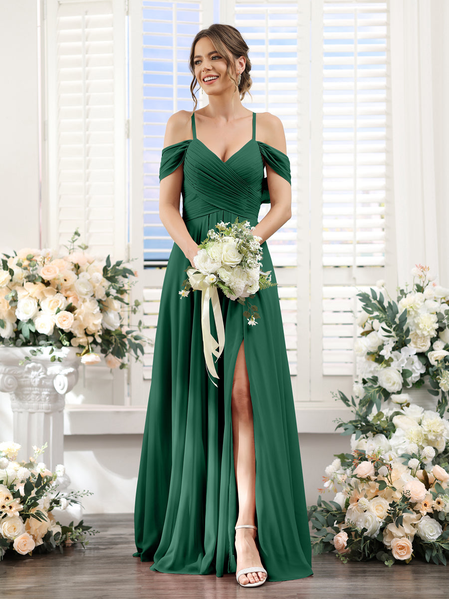 A-Line V-Neck Spaghetti Straps Split Side Floor-Length Chiffon Bridesmaid Dresses Dark Green