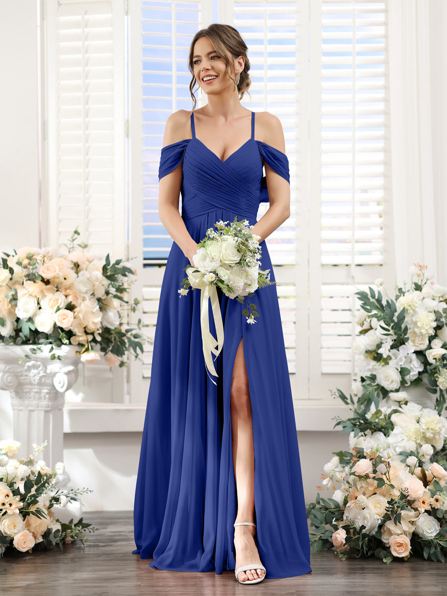 A-Line V-Neck Spaghetti Straps Split Side Floor-Length Chiffon Bridesmaid Dresses Dark Royal Blue