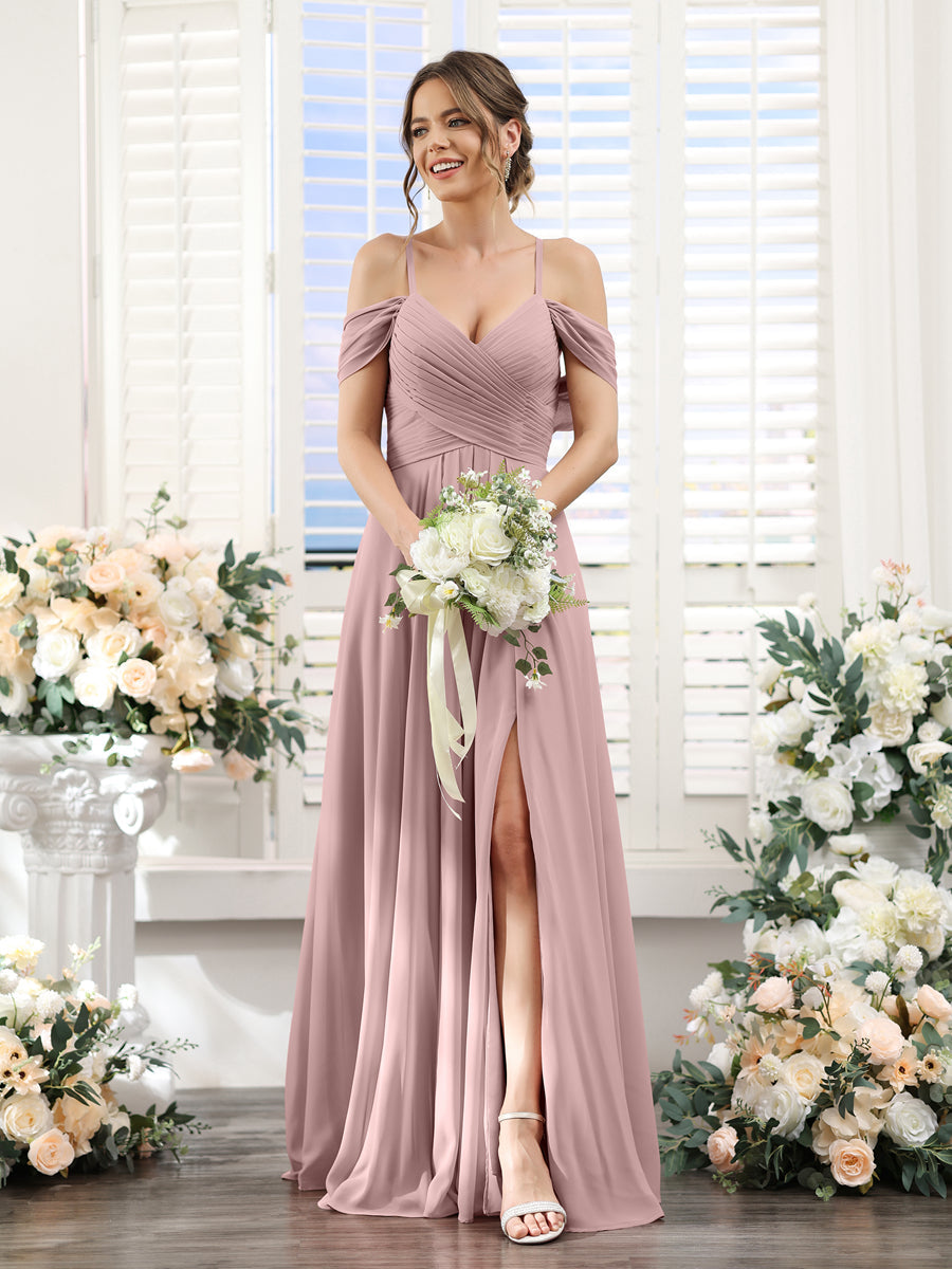 A-Line V-Neck Spaghetti Straps Split Side Floor-Length Chiffon Bridesmaid Dresses Dusty Pink