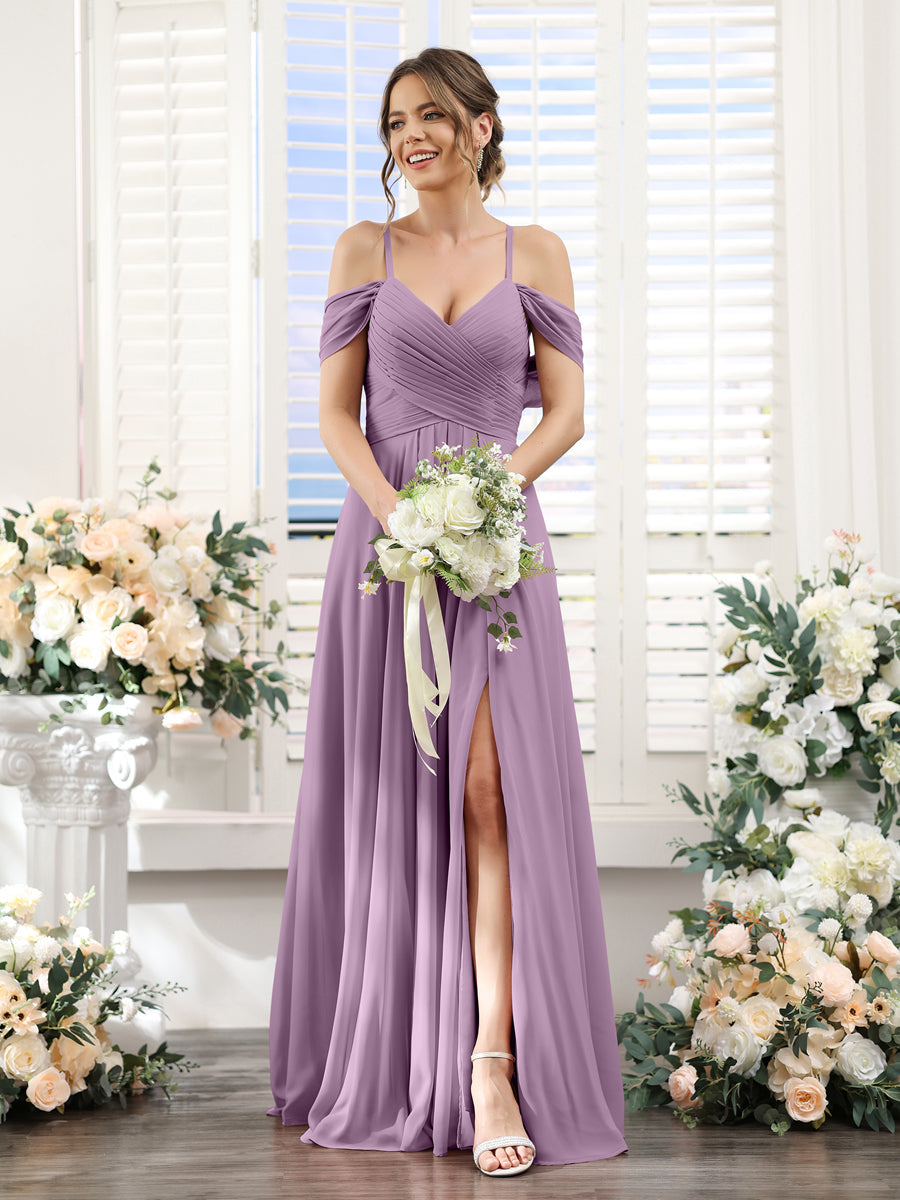 A-Line V-Neck Spaghetti Straps Split Side Floor-Length Chiffon Bridesmaid Dresses Dusty Purple