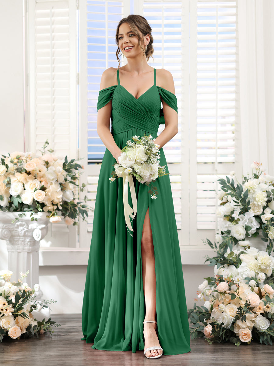 A-Line V-Neck Spaghetti Straps Split Side Floor-Length Chiffon Bridesmaid Dresses Emerald