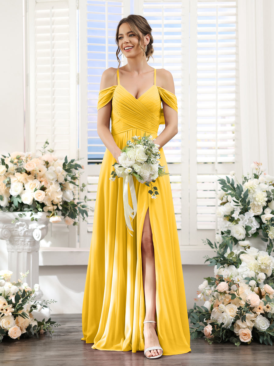 A-Line V-Neck Spaghetti Straps Split Side Floor-Length Chiffon Bridesmaid Dresses Gold