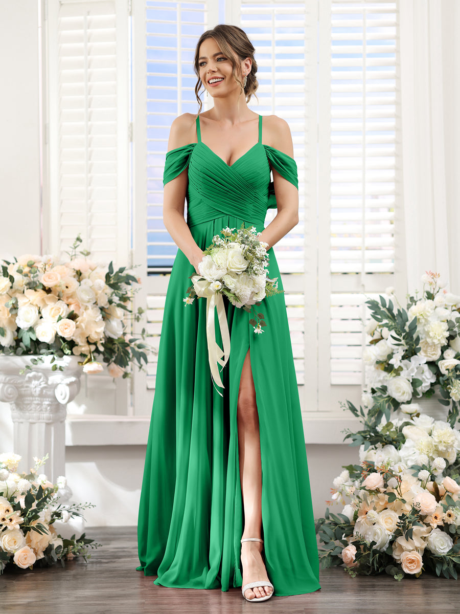A-Line V-Neck Spaghetti Straps Split Side Floor-Length Chiffon Bridesmaid Dresses Green