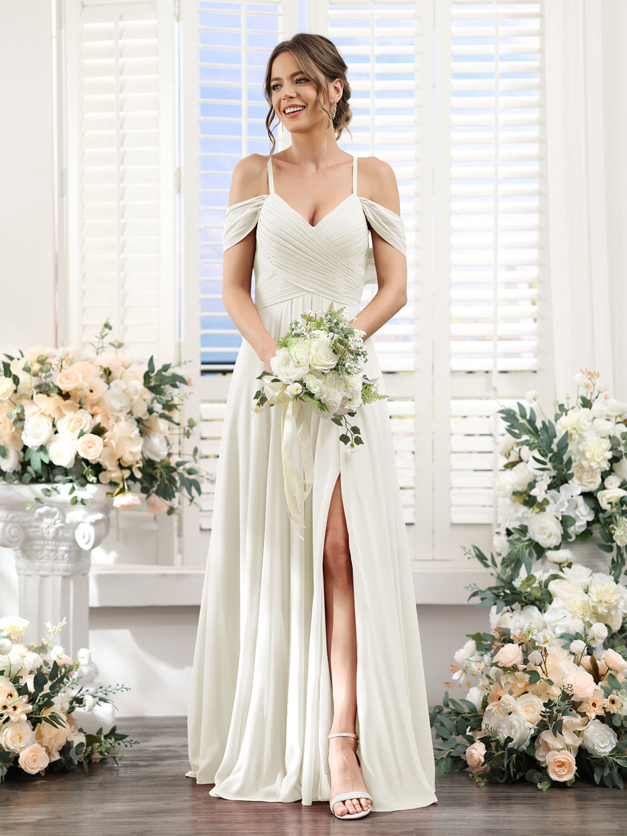 A-Line V-Neck Spaghetti Straps Split Side Floor-Length Chiffon Bridesmaid Dresses Ivory
