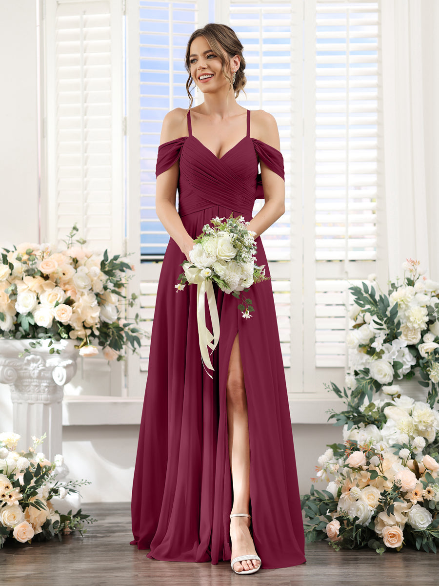 A-Line V-Neck Spaghetti Straps Split Side Floor-Length Chiffon Bridesmaid Dresses Light Burgundy