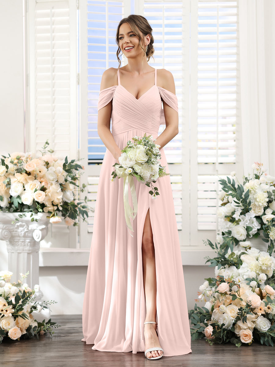 A-Line V-Neck Spaghetti Straps Split Side Floor-Length Chiffon Bridesmaid Dresses Light Pink